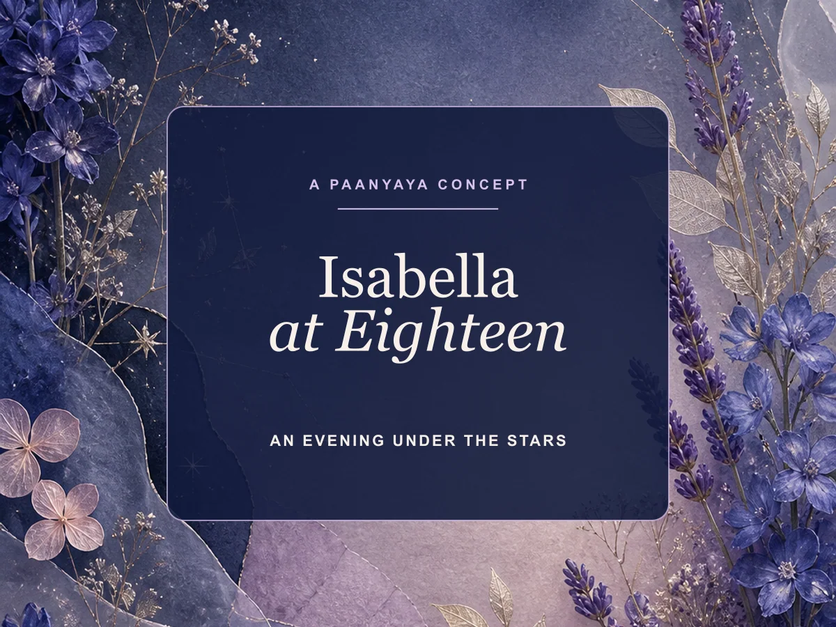 Celestial debut invitation concept with a crescent moon, indigo flowers, and silver stars