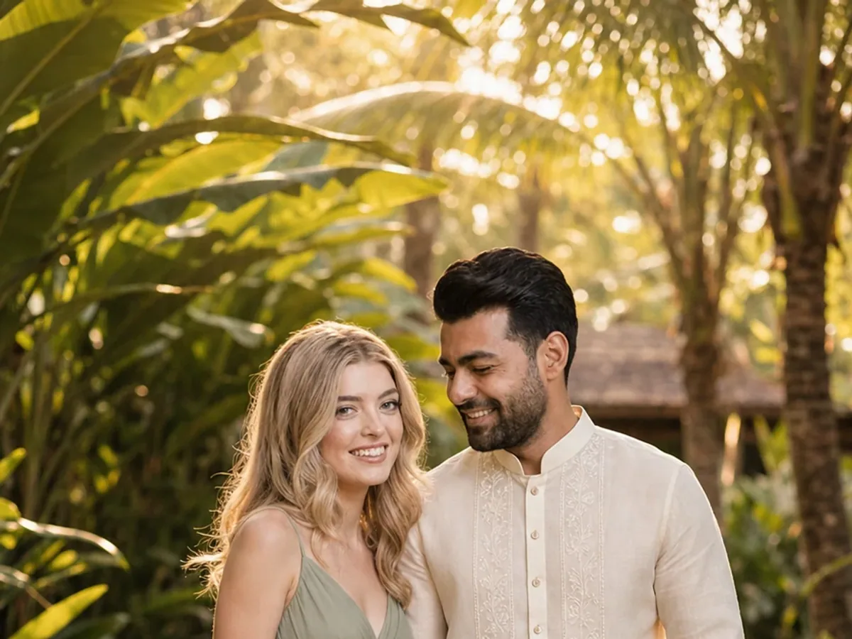 Maria Beatrice and Alexander walking through a garden at golden hour